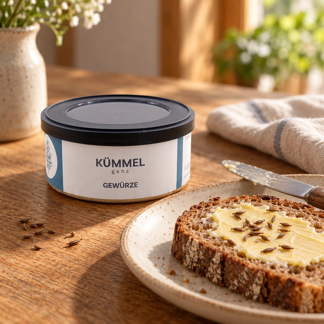 Kümmel ganz in der Originaldose neben einer Scheibe Roggenbrot mit Butter und Kümmelsamen auf einem Keramikteller.