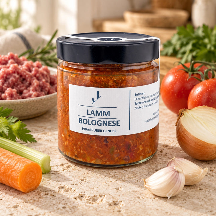 Lamm-Bolognese im 390-ml-Originalglas neben Lammhackfleisch, Tomaten, Zwiebel, Karotte, Sellerie und Knoblauch.