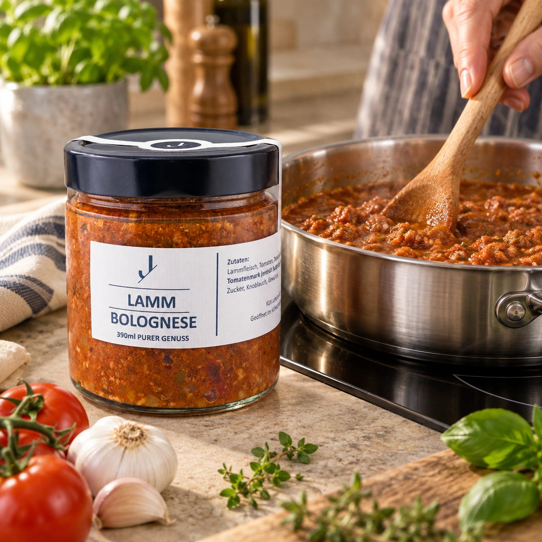 Eine Hand rührt Lamm-Bolognese mit einem Holzlöffel in einer Edelstahlpfanne; das geschlossene 390-ml-Originalglas steht daneben.
