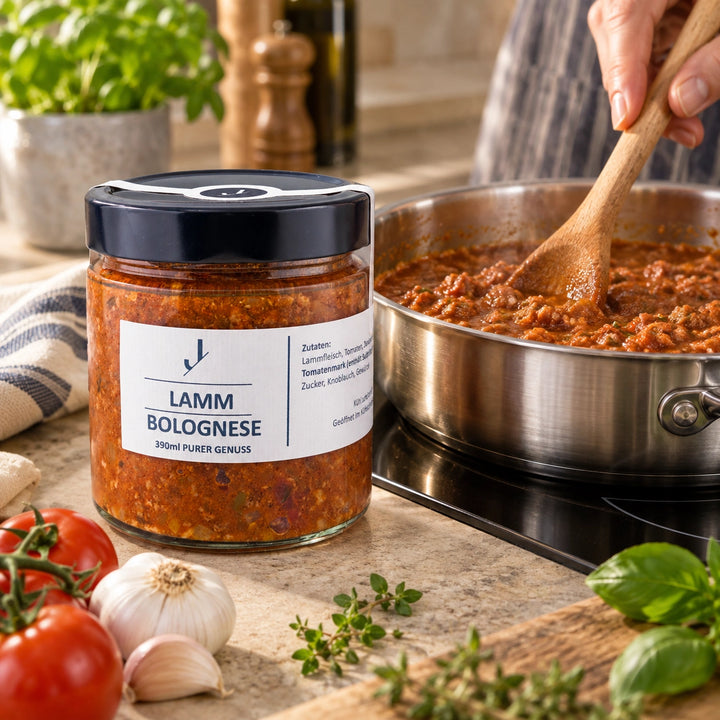 Eine Hand rührt Lamm-Bolognese mit einem Holzlöffel in einer Edelstahlpfanne; das geschlossene 390-ml-Originalglas steht daneben.