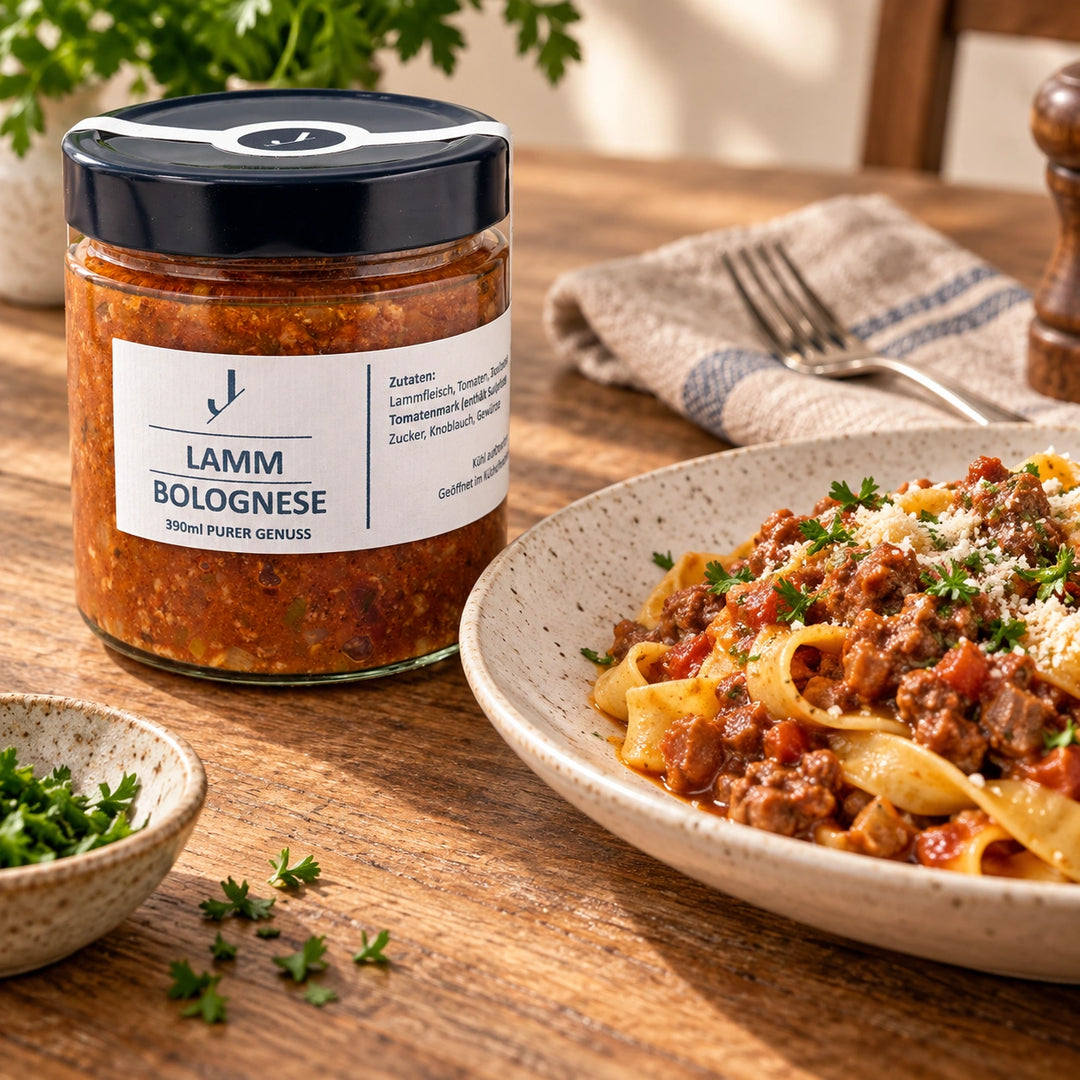 Lamm-Bolognese im 390-ml-Originalglas neben Bandnudeln mit Sauce, geriebenem Käse und Petersilie auf einem Keramikteller.