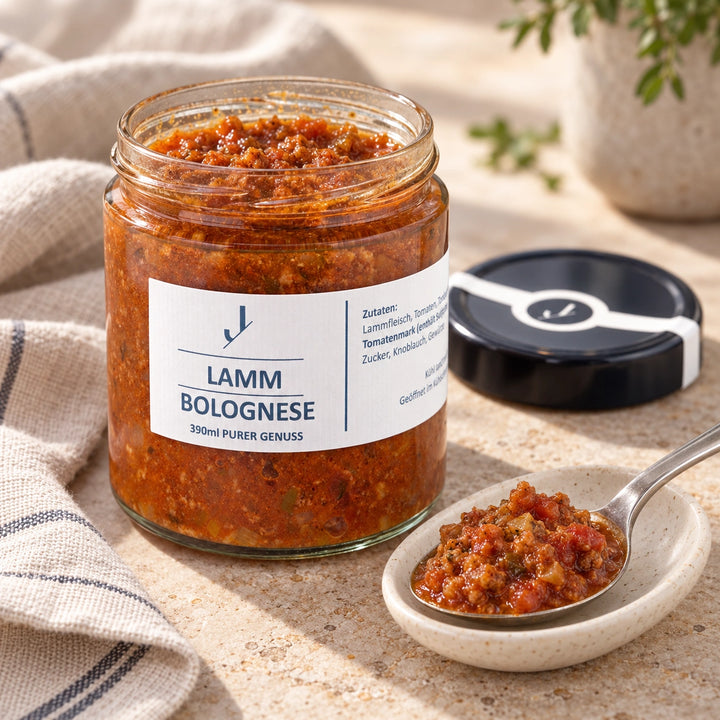 Geöffnetes 390-ml-Glas Lamm-Bolognese neben einem Löffel mit stückiger Sauce auf einer kleinen Keramikablage.