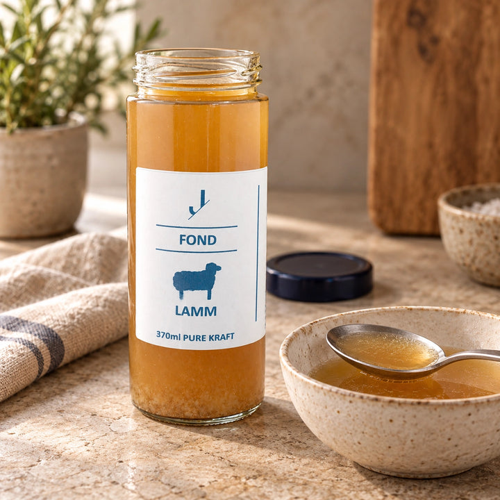 Geöffnetes 370-ml-Originalglas Lamm-Fond neben einer Keramikschale und einem Löffel mit goldbrauner Brühe.