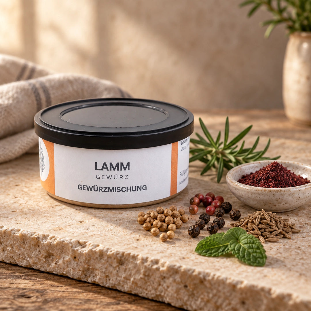 Lammgewürz in der Originaldose neben Koriander, rosa und schwarzem Pfeffer, Rosmarin, Cumin, Sumach und Minze.
