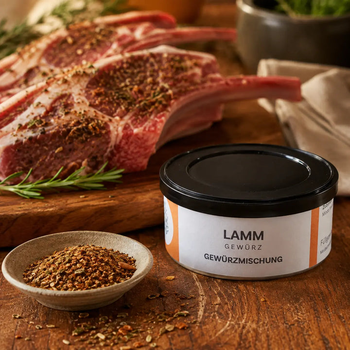 Lammgewürz beim Würzen von rohen Lammkoteletts mit Rosmarin