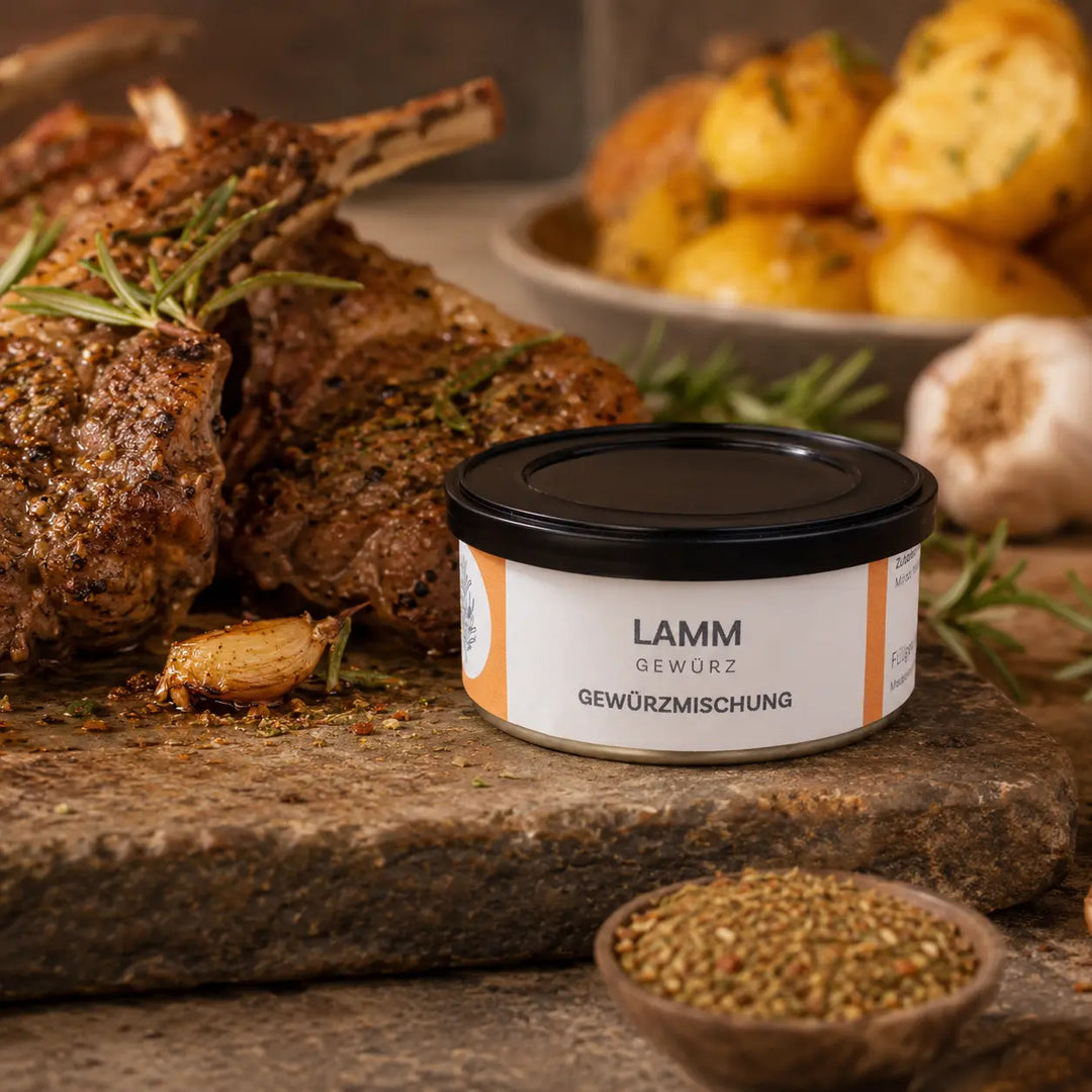 Lammgewürz neben gebratenem Lamm mit Kartoffeln Knoblauch und Rosmarin
