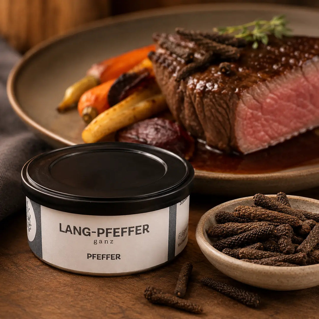 Langpfeffer neben Rindfleisch mit dunkler Sauce und Wurzelgemüse