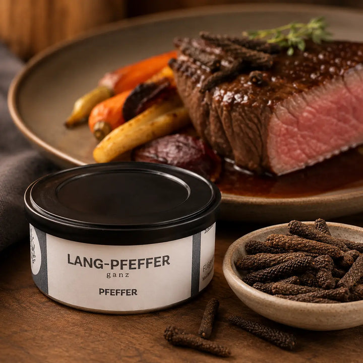 Langpfeffer neben Rindfleisch mit dunkler Sauce und Wurzelgemüse