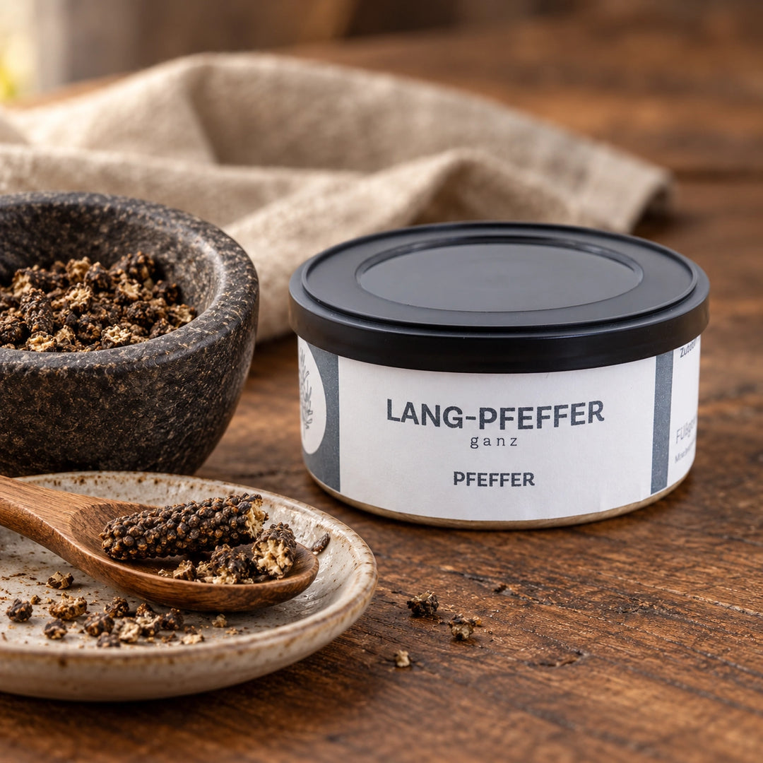 Langpfeffer in der Originaldose neben grob zerstoßenem Pfeffer im Steinmörser und auf einem Holzlöffel.