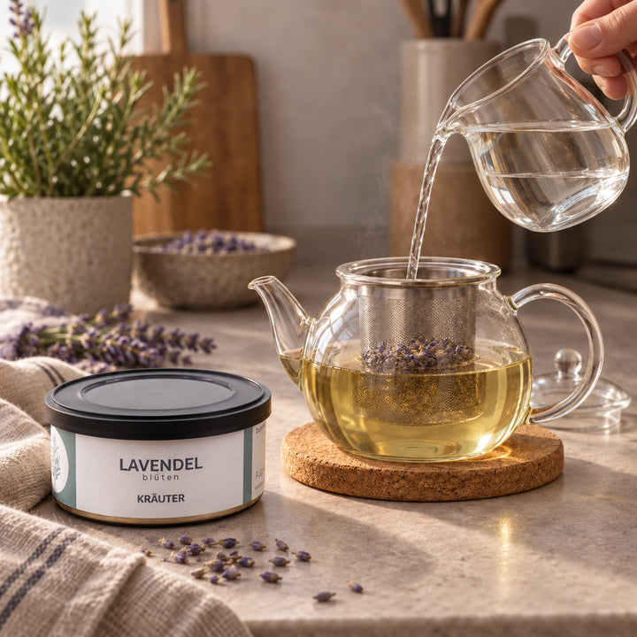 Eine Hand gießt Wasser aus einem Glaskrug über Lavendelblüten im Teesieb einer Glaskanne; die Originaldose steht daneben.
