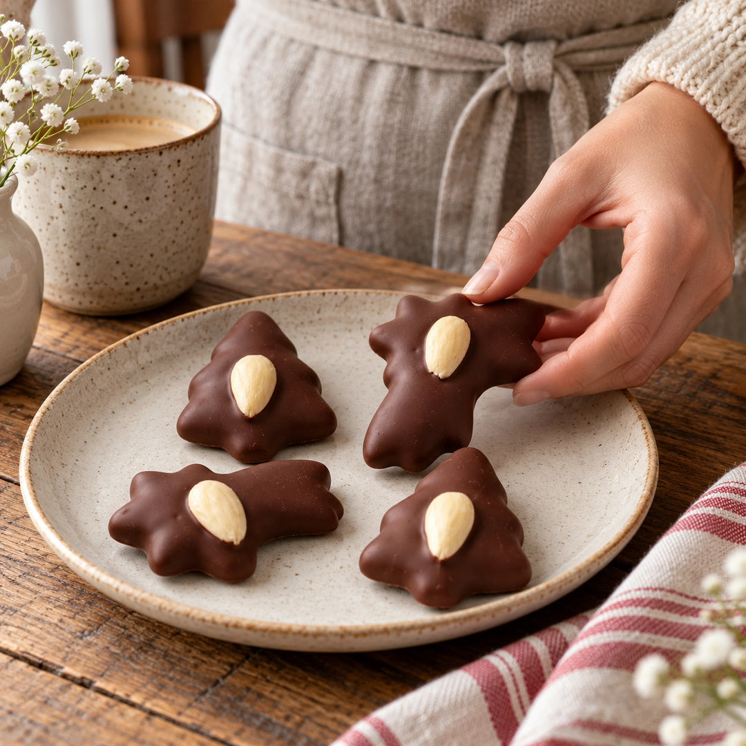 Lebkuchen von Jungermann Gourmet beim Servieren von Hand auf einem Steingutteller – Sternschnuppe und Tannenbaum mit Schokolade und Mandel.