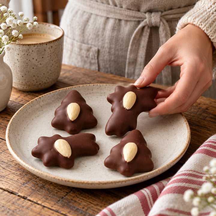 Lebkuchen von Jungermann Gourmet beim Servieren von Hand auf einem Steingutteller – Sternschnuppe und Tannenbaum mit Schokolade und Mandel.