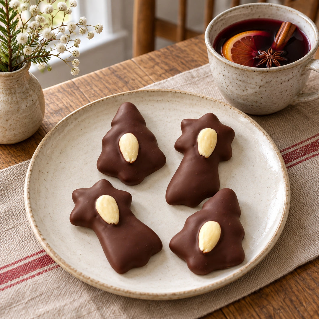 Lebkuchen von Jungermann Gourmet auf einer gemütlichen Tafel mit Gebäck und Heißgetränk – Sternschnuppe und Tannenbaum mit Schokolade und Mandel.