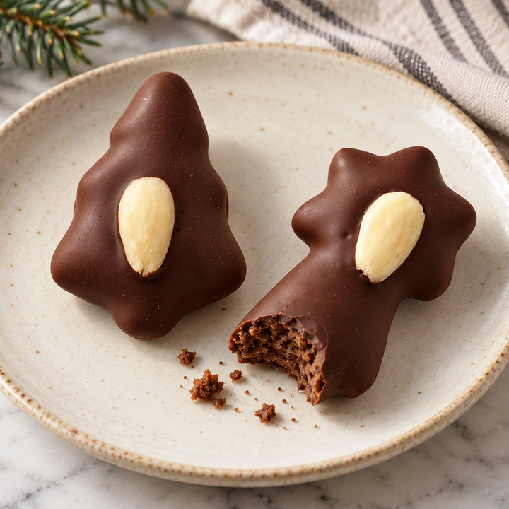Lebkuchen von Jungermann Gourmet in Nahaufnahme mit sichtbarer Gebäckstruktur – Sternschnuppe und Tannenbaum mit Schokolade und Mandel.