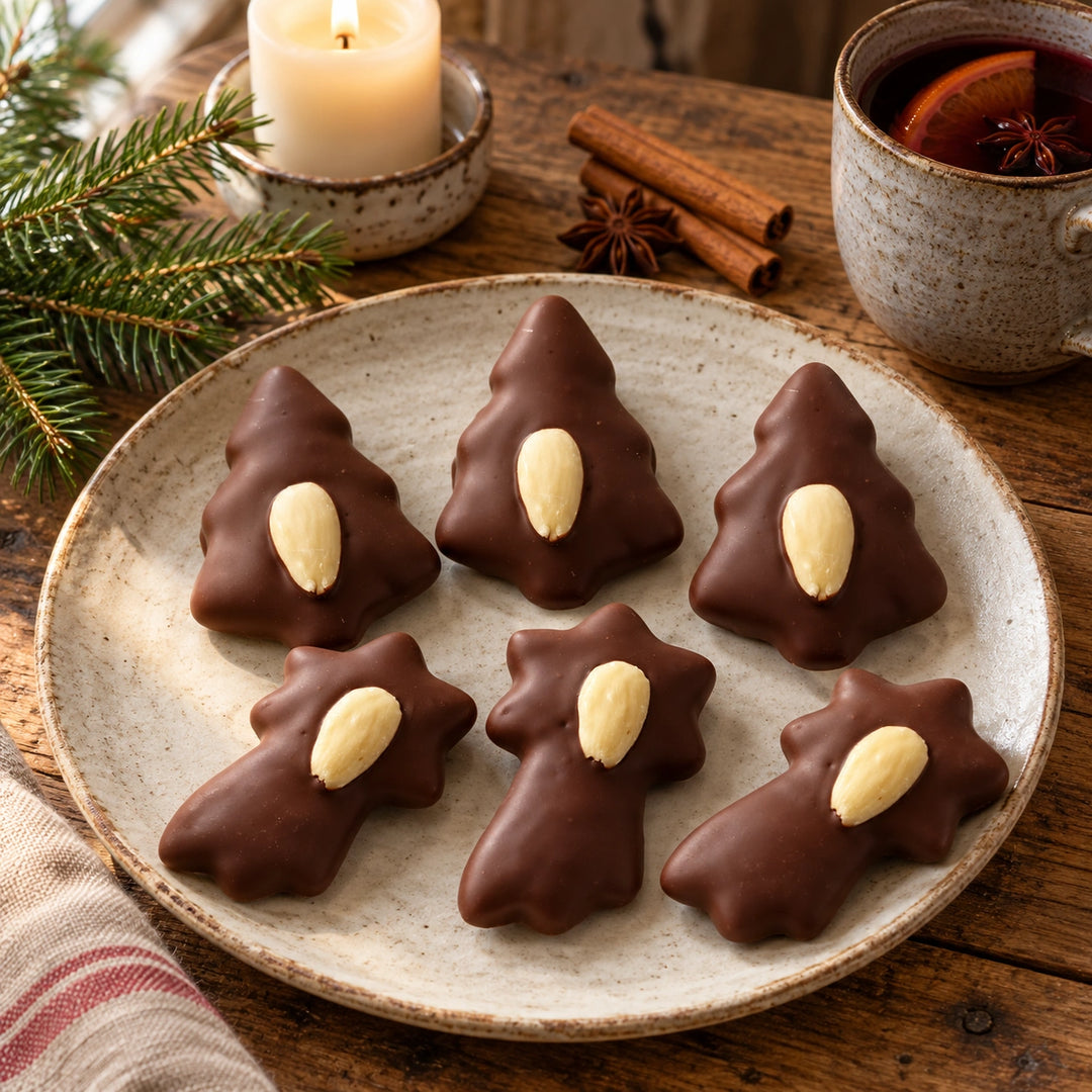 Lebkuchen von Jungermann Gourmet auf einer Adventstafel mit Kerze, Tannenzweig und Heißgetränk – Sternschnuppe und Tannenbaum mit Schokolade und Mandel.