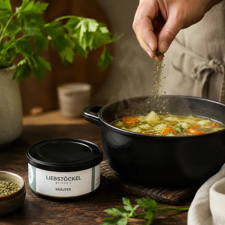 Liebstöckel beim Würzen einer warmen Gemüse- und Kartoffelsuppe