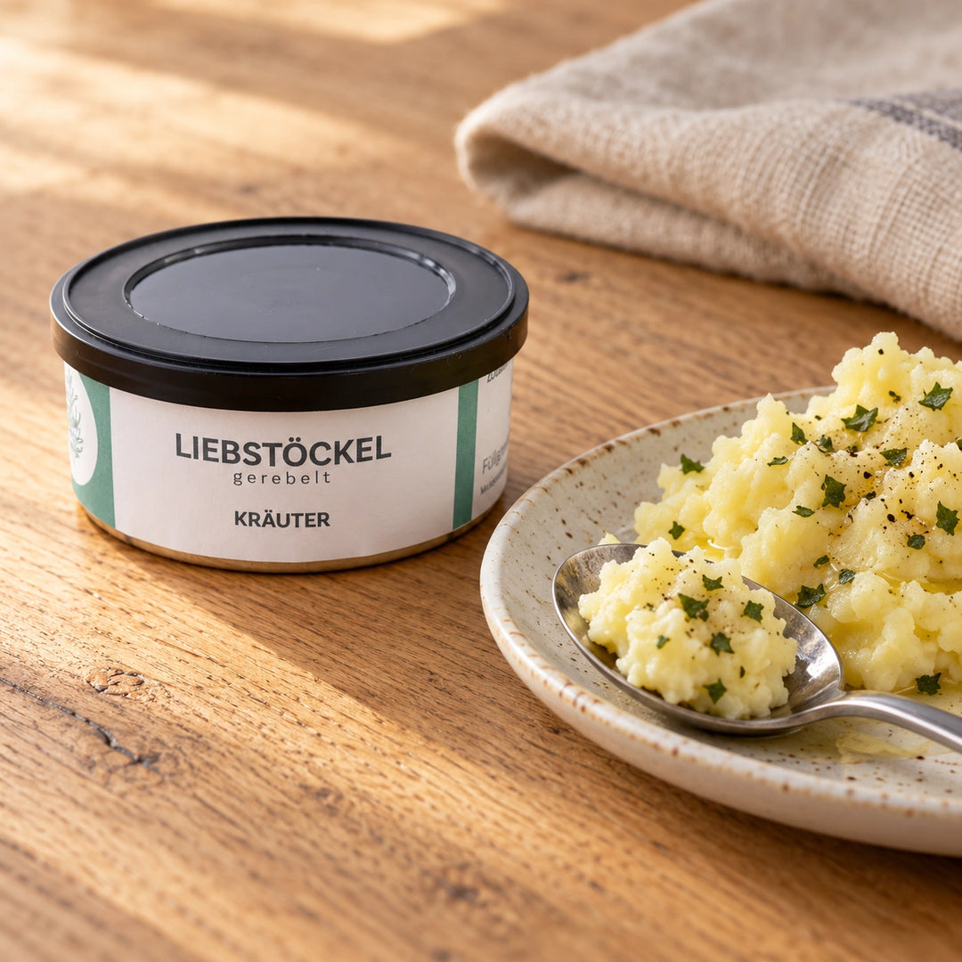 Jungermann Gourmet Liebstöckel in der geschlossenen Kräuterdose neben Kartoffelpüree mit Kräuterflocken und einem gefüllten Löffel auf einem Keramikteller
