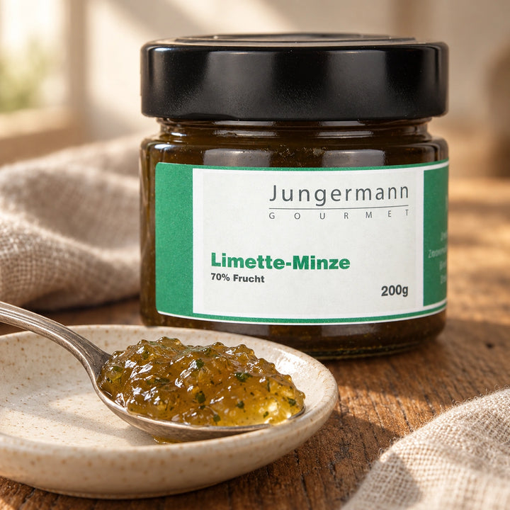 Nahaufnahme des Limetten-Minze-Aufstrichs auf einem Löffel neben dem Originalglas.
