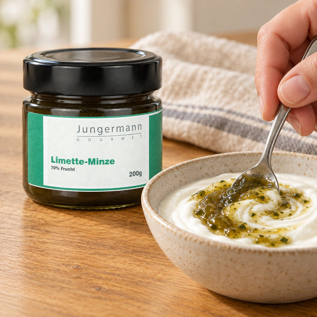 Eine Hand rührt Limette-Minze-Aufstrich mit einem Löffel in Naturjoghurt; daneben steht das beschriftete 200-g-Glas von Jungermann Gourmet