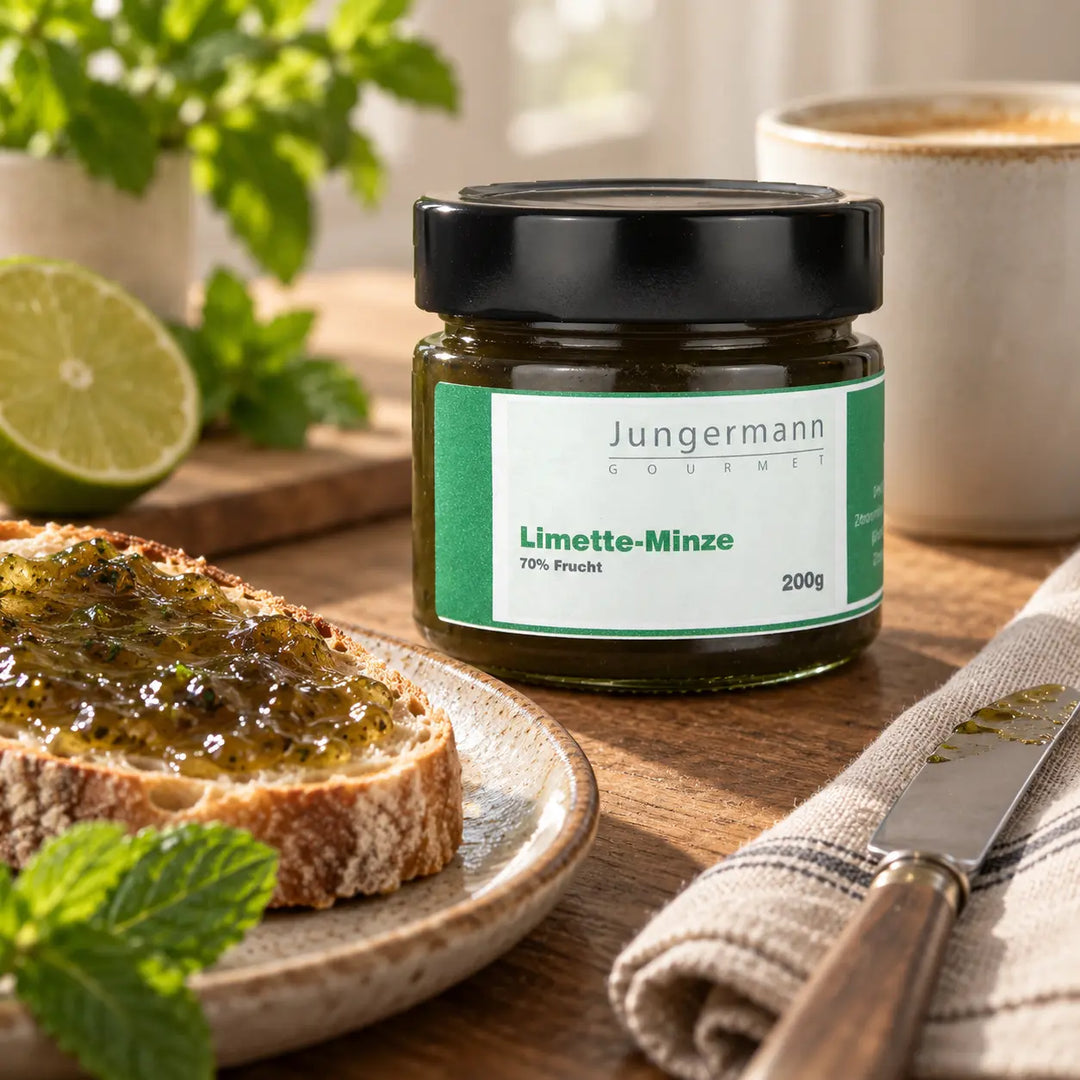 Limetten-Minze-Aufstrich im Originalglas neben einem bestrichenen Brot als Frühstücks-Serviervorschlag.