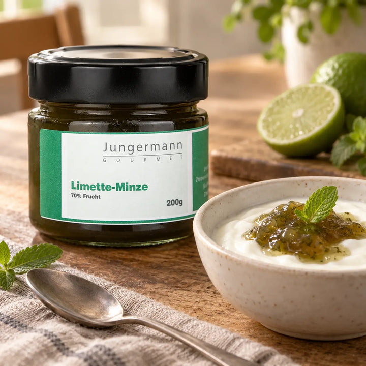 Glas Limetten-Minze-Aufstrich neben Naturjoghurt mit fruchtigem Topping, Anwendungsvorschlag.