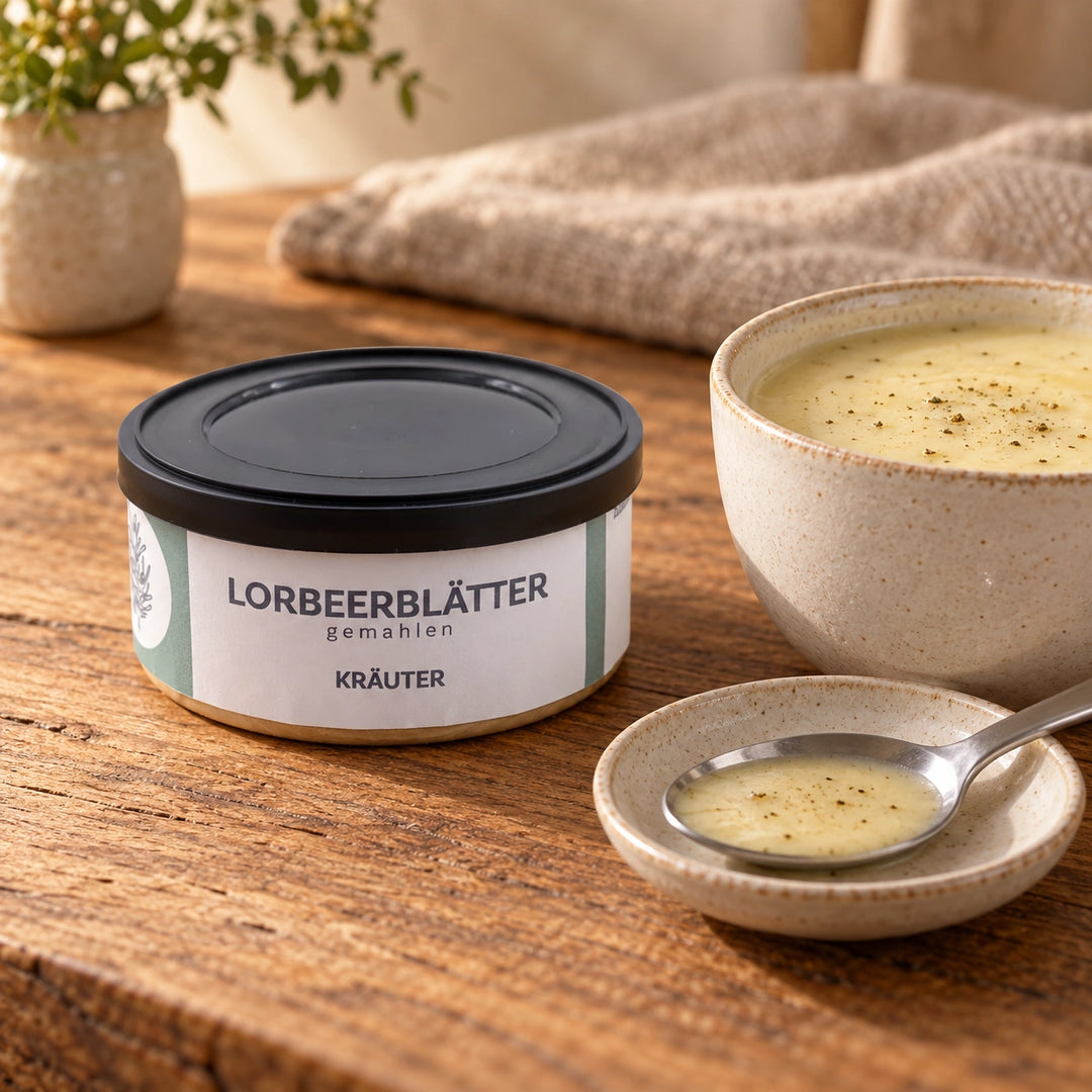 Geschlossene Kräuterdose mit gemahlenen Lorbeerblättern von Jungermann Gourmet neben cremiger Kartoffelsuppe und einer Kostprobe auf einem Löffel