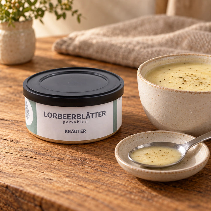 Geschlossene Kräuterdose mit gemahlenen Lorbeerblättern von Jungermann Gourmet neben cremiger Kartoffelsuppe und einer Kostprobe auf einem Löffel