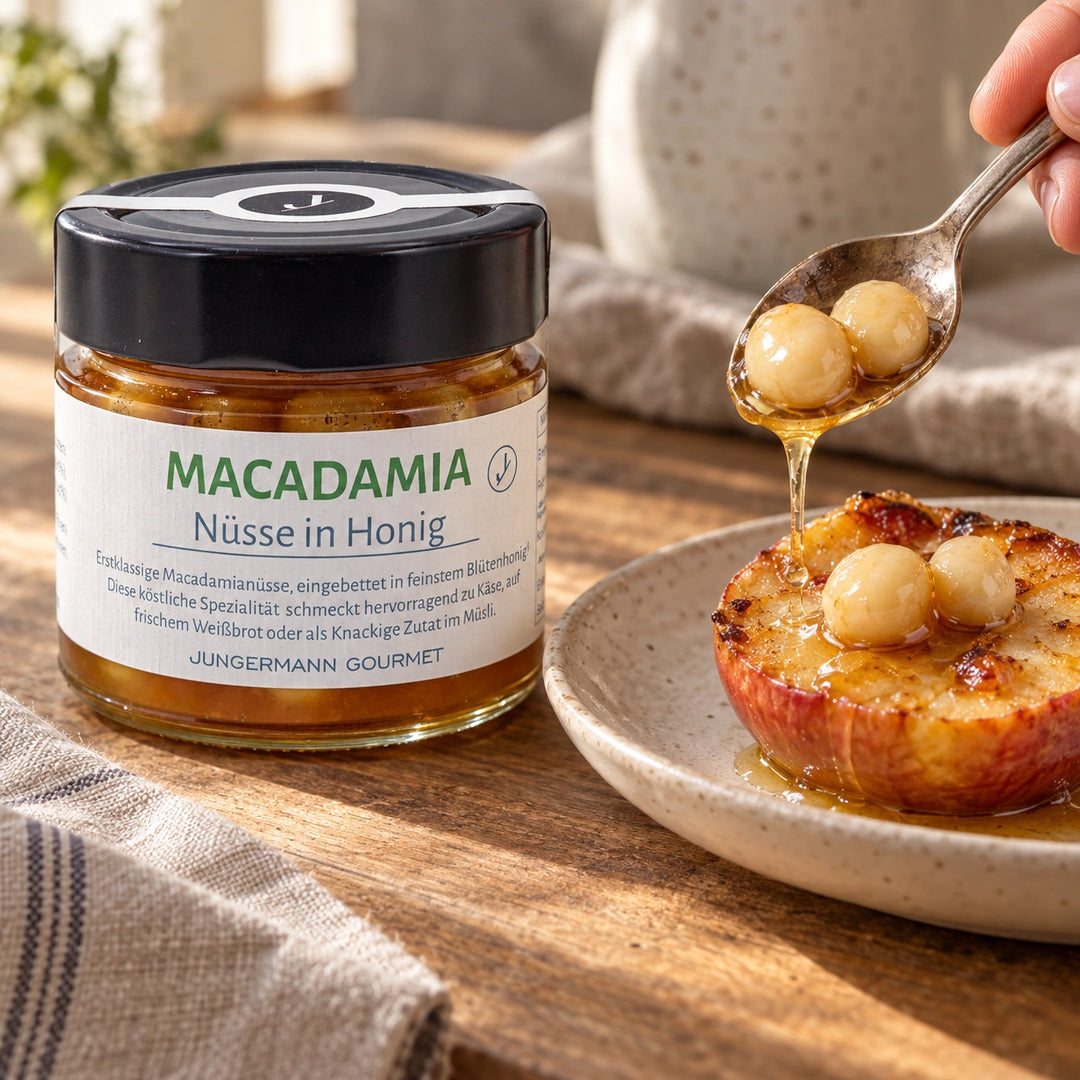 Macadamianüsse in Honig werden mit einem Löffel auf einen gebackenen Apfel gegeben; das Originalglas steht daneben. Serviervorschlag.