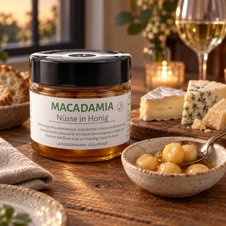 Macadamianüsse in Honig von Jungermann Gourmet: Originalglas neben einer Käseauswahl mit Nüssen und Honig als Serviervorschlag.