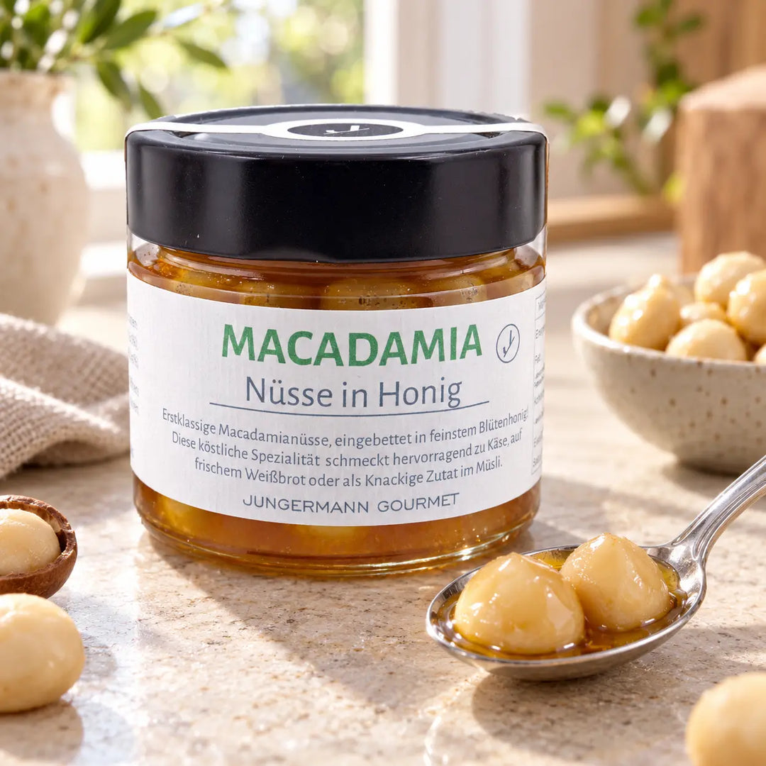Macadamianüsse in Honig von Jungermann Gourmet: Nüsse und Honig auf einem Löffel neben dem Originalglas, Detailansicht.