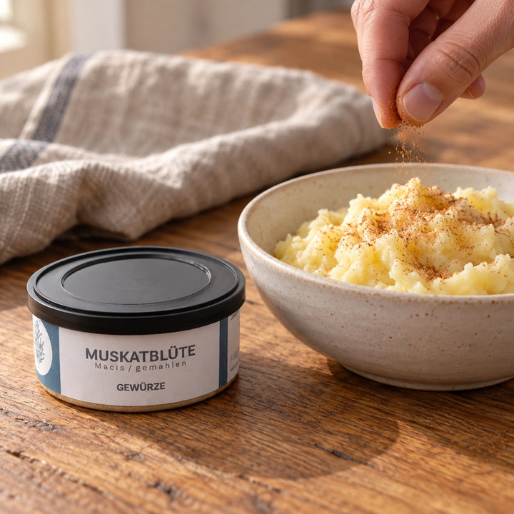 Eine Hand würzt Kartoffelpüree mit gemahlener Macis; daneben steht die geschlossene Muskatblüte-Gewürzdose von Jungermann Gourmet