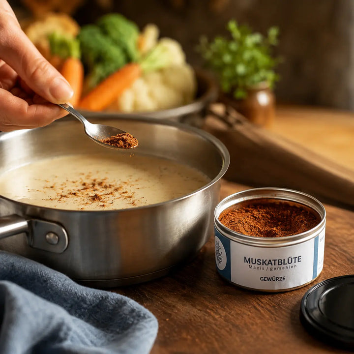 Gemahlene Macis beim Würzen einer cremigen hellen Sauce