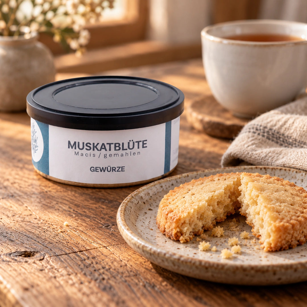 Jungermann Gourmet Muskatblüte Macis gemahlen neben einem aufgebrochenen goldbraunen Gebäckstück mit sichtbarer Krume und einer Tasse Tee