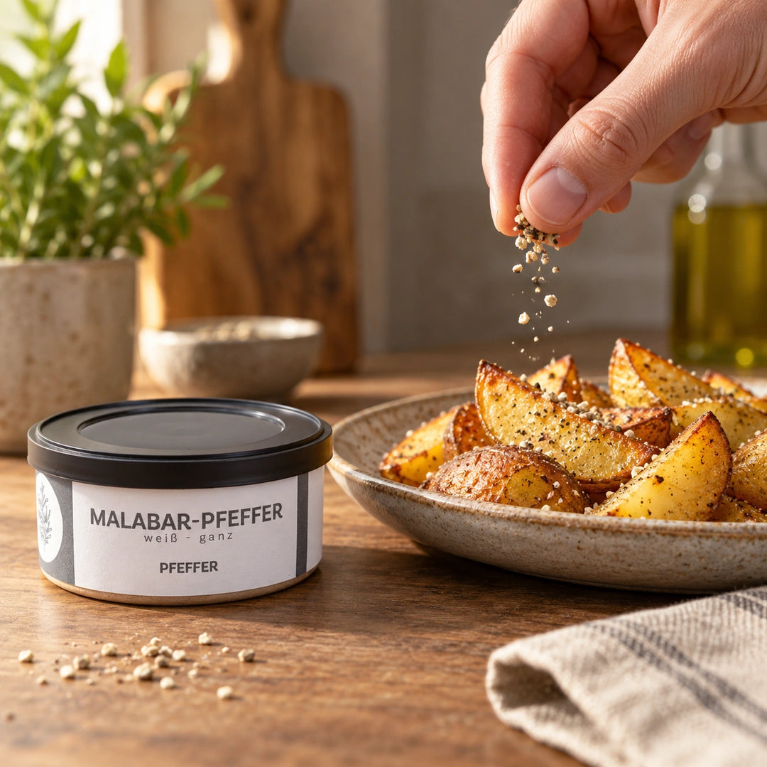Eine Hand würzt goldbraune Kartoffelspalten mit zerstoßenem weißem Malabar-Pfeffer; daneben steht die geschlossene Originaldose von Jungermann Gourmet