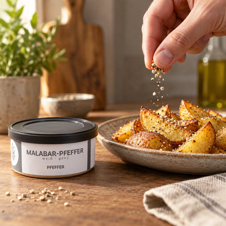 Eine Hand würzt goldbraune Kartoffelspalten mit zerstoßenem weißem Malabar-Pfeffer; daneben steht die geschlossene Originaldose von Jungermann Gourmet