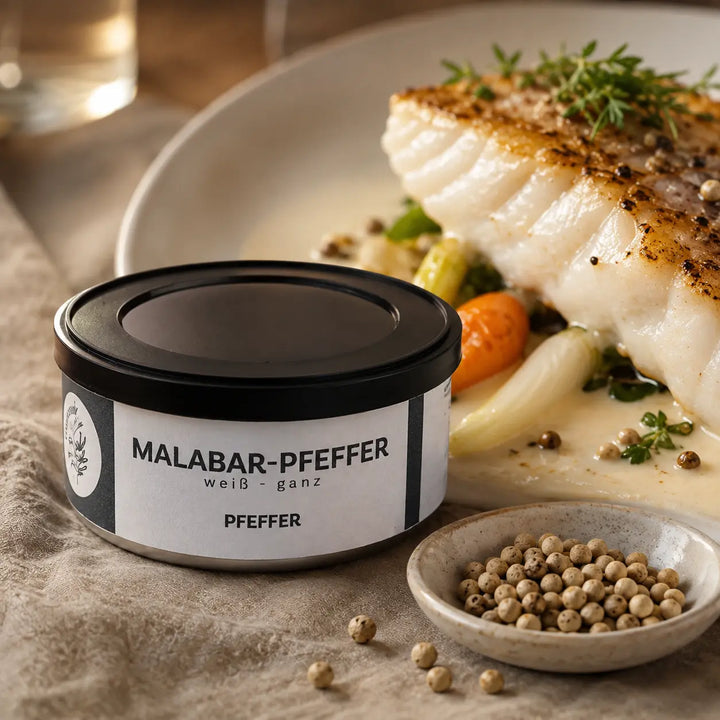 Weißer Malabar Pfeffer neben Fischfilet mit heller Sauce und Gemüse