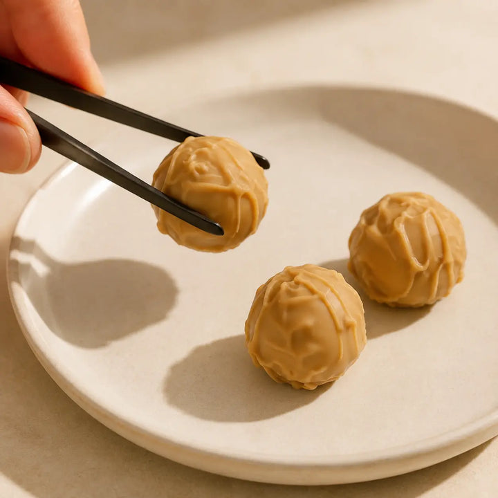 Mandel Trüffel wird mit einer Pralinenzange auf einem Dessertteller serviert