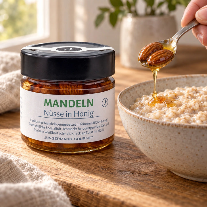 Eine Hand gibt Mandeln in Honig auf warmen Haferporridge neben dem Originalglas; Serviervorschlag.