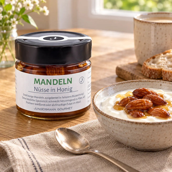 Mandeln in Honig von Jungermann Gourmet: Originalglas neben Naturjoghurt mit Nüssen und Honig als Serviervorschlag.