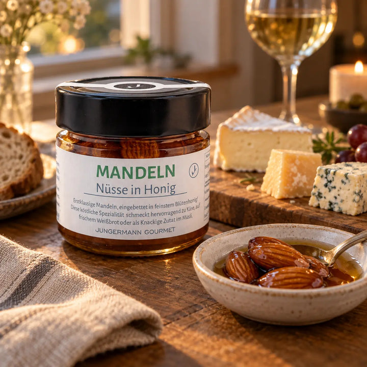 Mandeln in Honig von Jungermann Gourmet: Originalglas neben einer Käseauswahl mit Nüssen und Honig als Serviervorschlag.