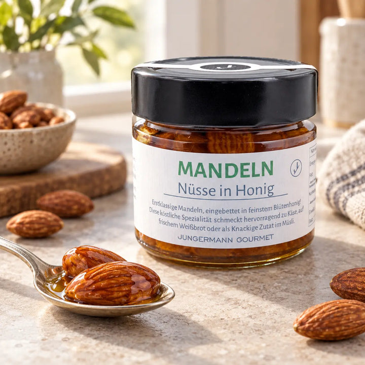 Mandeln in Honig von Jungermann Gourmet: Nüsse und Honig auf einem Löffel neben dem Originalglas, Detailansicht.