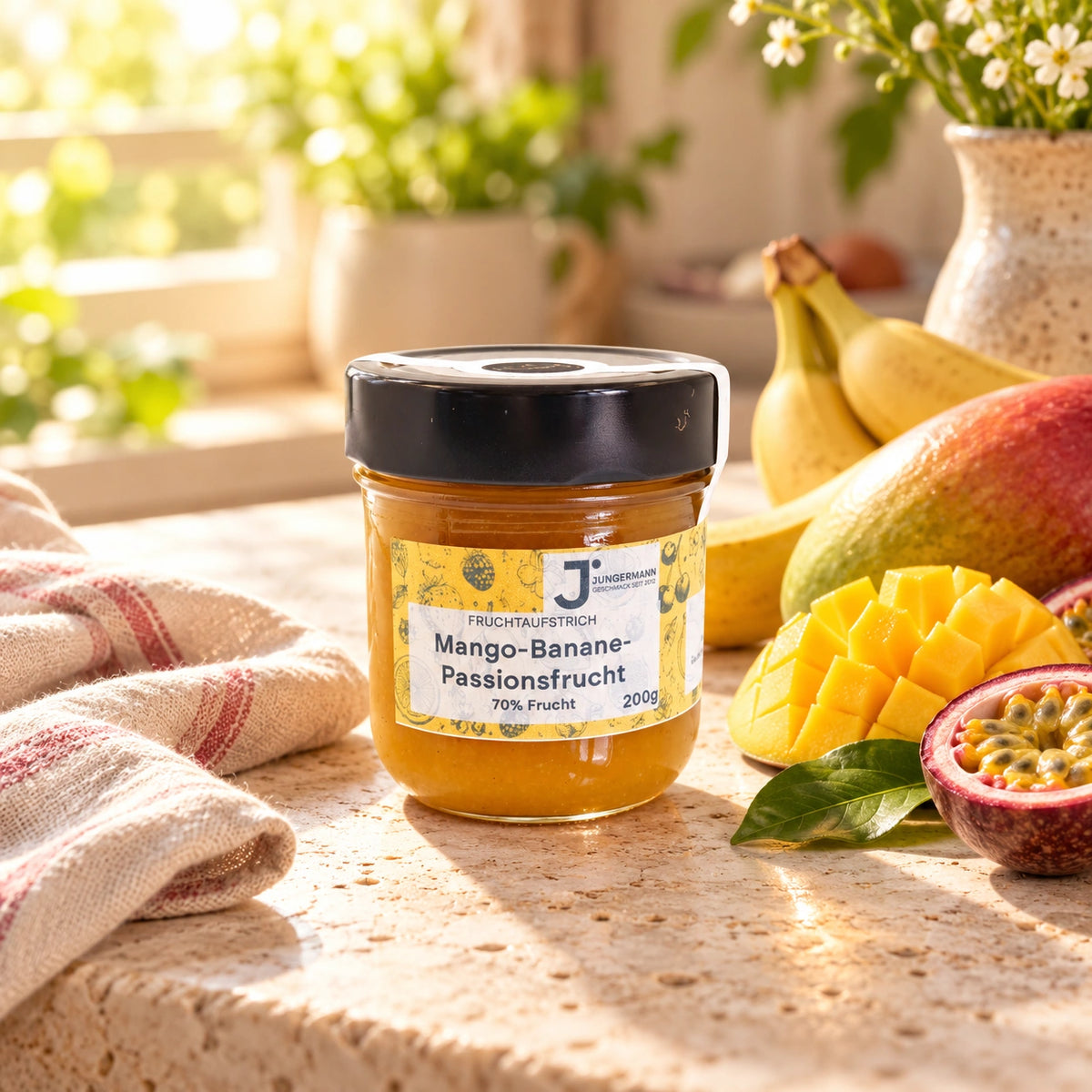 Mango-Banane-Passionsfrucht Fruchtaufstrich von Jungermann Gourmet im 200-g-Glas auf hellem Naturstein mit Mango, Bananen und Passionsfrüchten
