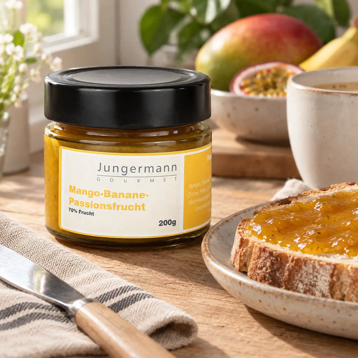 Mango-Banane-Passionsfrucht-Aufstrich von Jungermann Gourmet im Originalglas neben bestrichenem Brot als Frühstücks-Serviervorschlag.