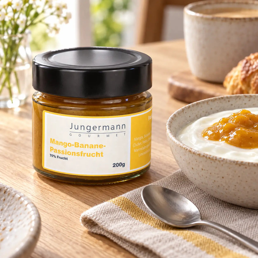 Mango-Banane-Passionsfrucht-Aufstrich von Jungermann Gourmet im Originalglas neben Joghurt mit einem fruchtigen Topping als Anwendungsvorschlag.
