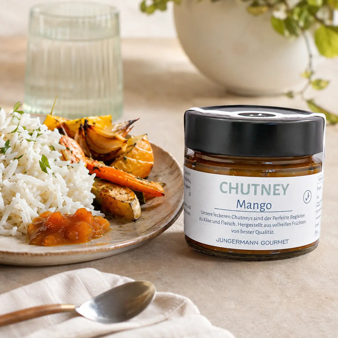Mango-Chutney zu Basmatireis und geröstetem Gemüse serviert