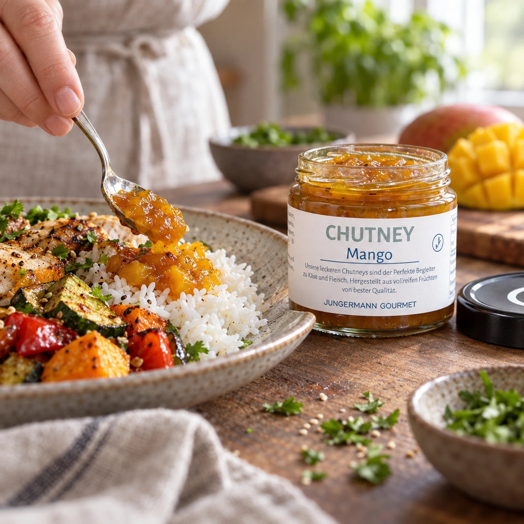 Mango-Chutney wird mit einem Löffel zu Reis und geröstetem Gemüse angerichtet; daneben steht das geöffnete Originalglas mit lesbarem Etikett.
