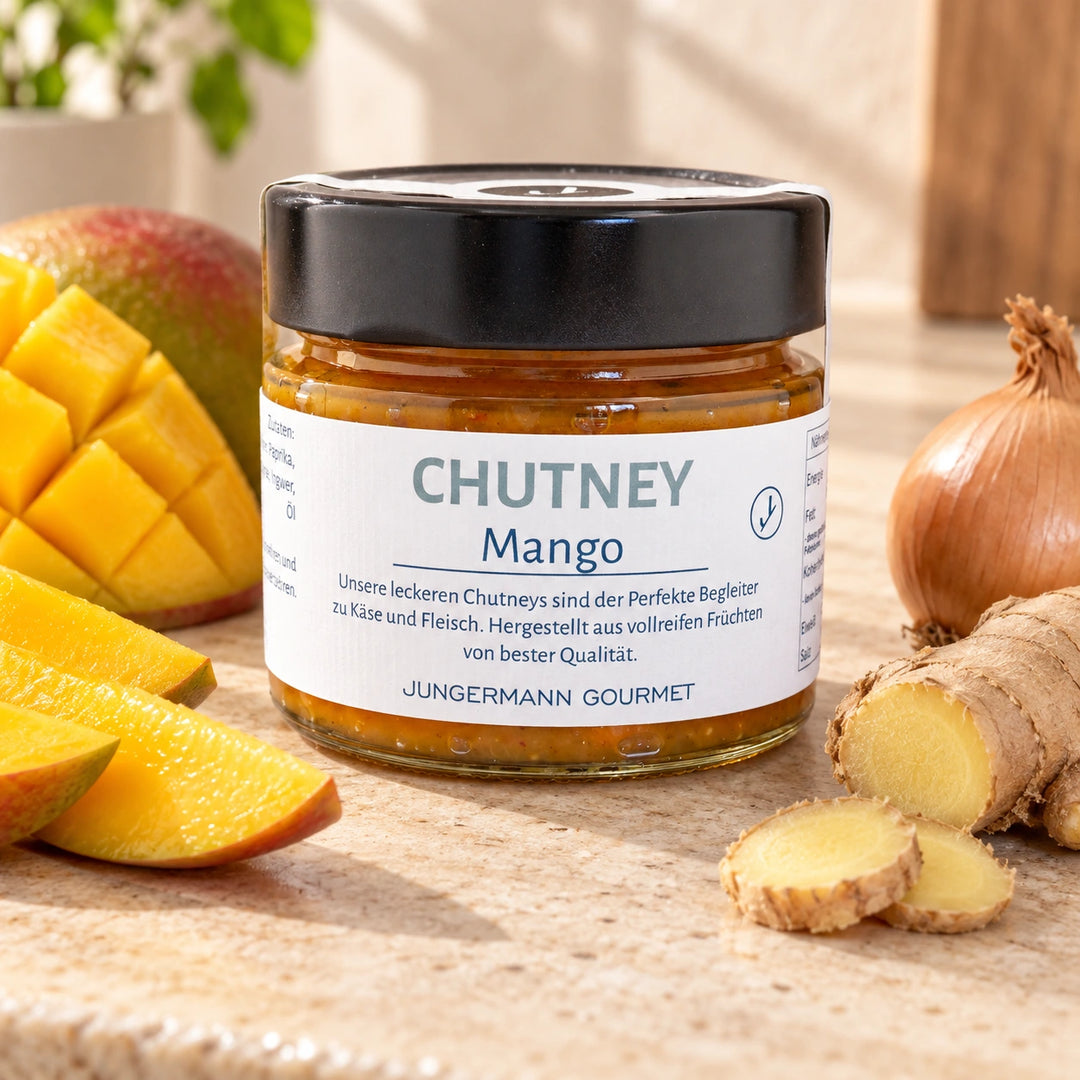 Originalglas Mango-Chutney von Jungermann Gourmet mit reifer Mango, Zwiebel und frischem Ingwer auf hellem Naturstein.