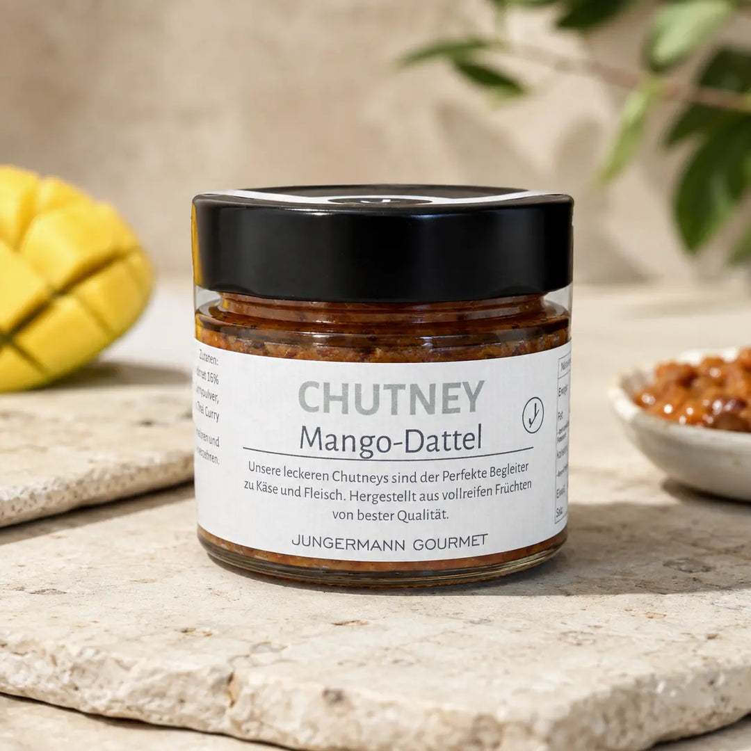 Mango-Dattel-Chutney im originalen Glas als hochwertiger Packshot