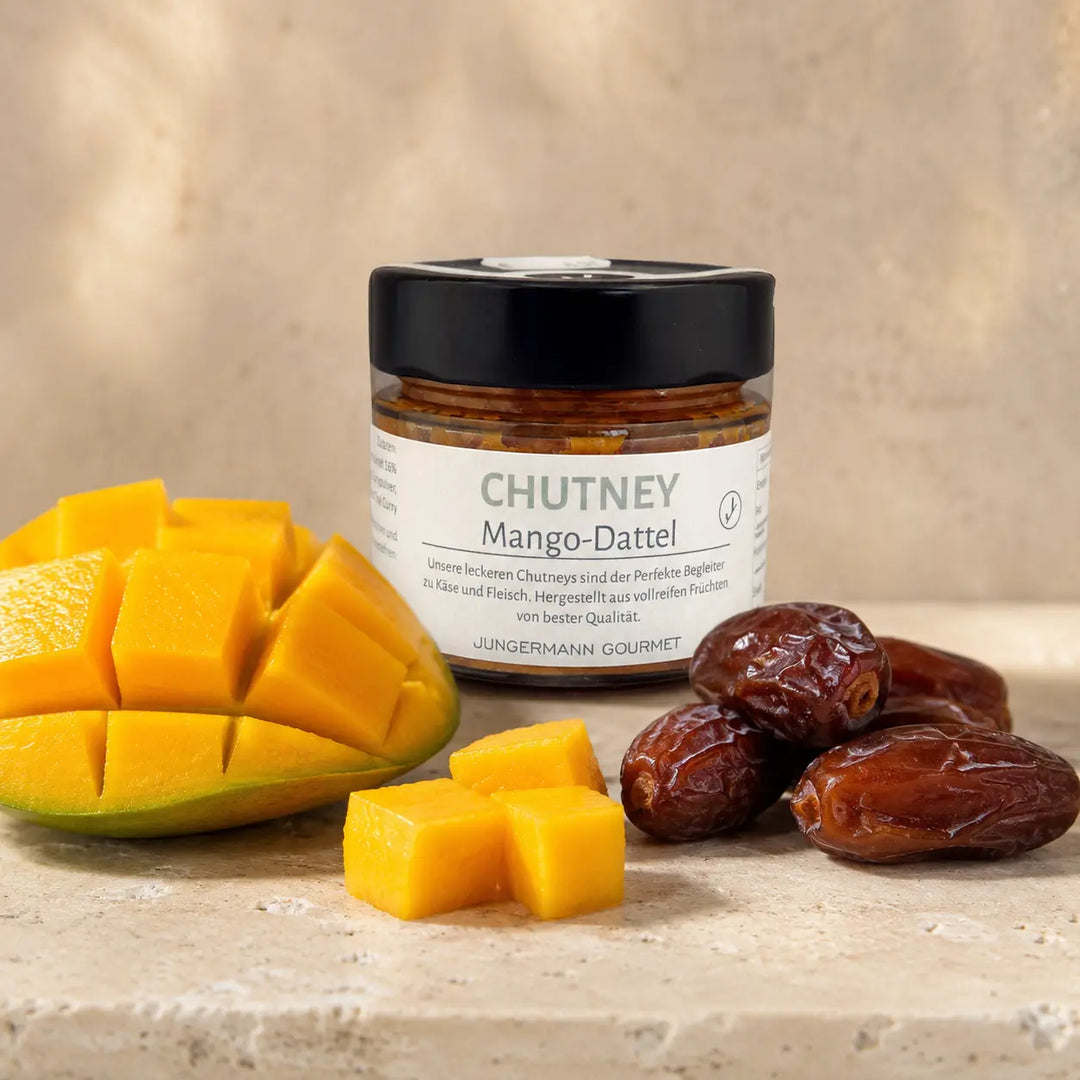 Mango-Dattel-Chutney im originalen Glas mit Mango und Datteln