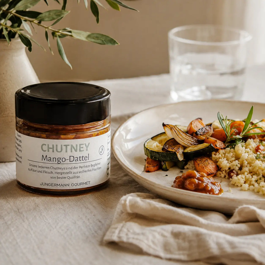 Mango-Dattel-Chutney zu Couscous und geröstetem Gemüse serviert